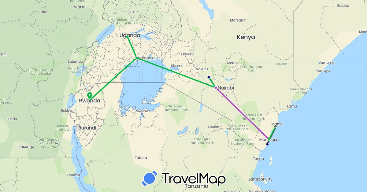 TravelMap itinerary: driving, bus, train, motorbike in Kenya, Rwanda, Uganda (Africa)