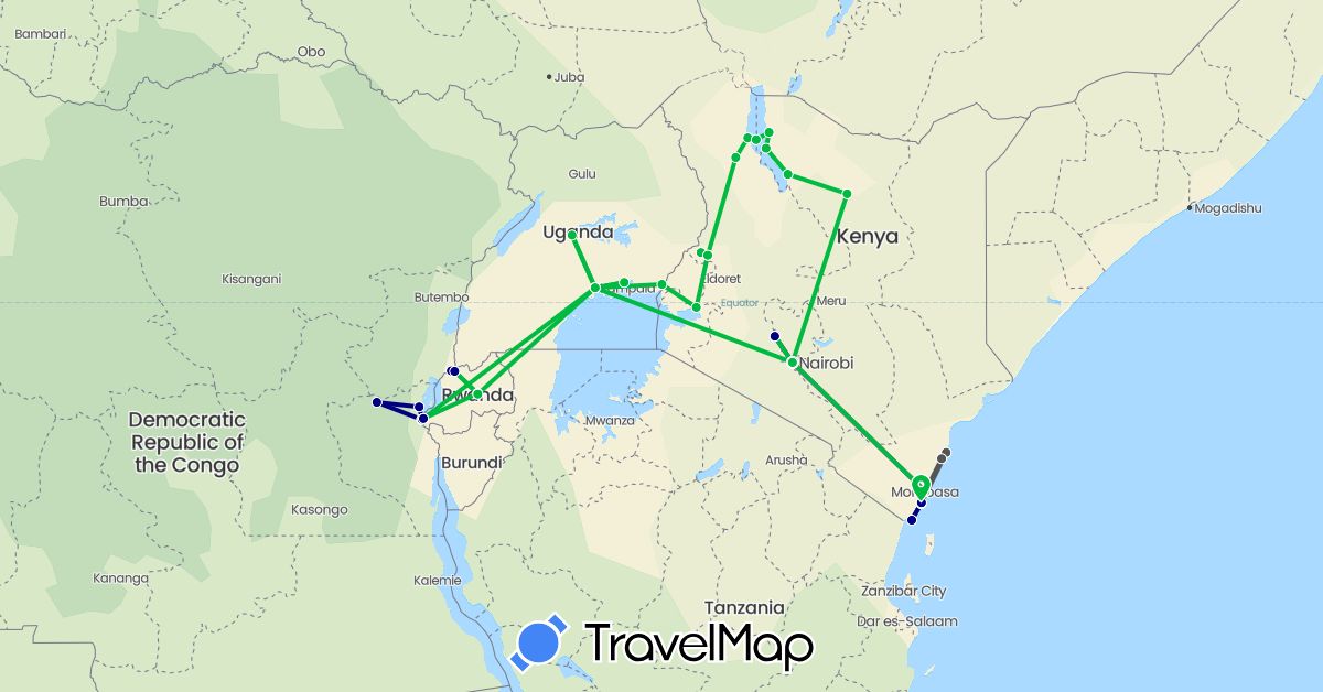 TravelMap itinerary: driving, bus, train, motorbike in Democratic Republic of the Congo, Kenya, Rwanda, Uganda (Africa)
